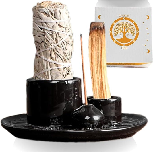 4-in-1 Palo Santo Holder, Sage & Incense Stick Burner – Ceramic White Ash Catcher Tray for Meditation, Yoga, Smudging & Spiritual Cleansing – Incense Holder for Sticks & Sage - Bloomnest