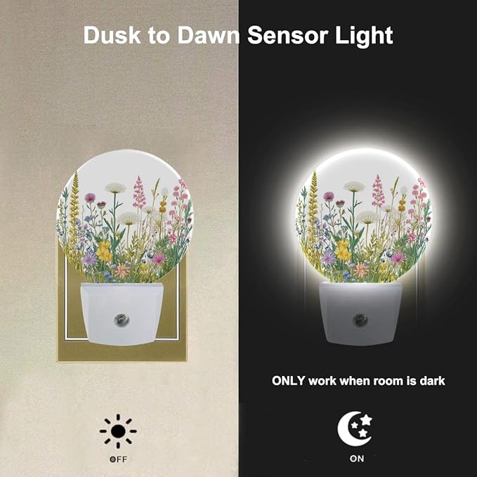 EKOBLA Vintage Floral Botanical Night Light Flowers Green Plants Leaves Night Lights Plug into Wall with Dusk to Dawn Sensor LED 0.5W Nightlights Sleep Friendly - Bloomnest