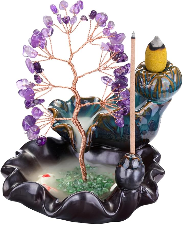 Jovivi Backflow Incense Burner Ceramic Incense Waterfall, Natural Amethyst Healing Crystal Money Tree Incense Holder for Wealth, Good Luck, Yoga Meditation, Home Decor - Bloomnest