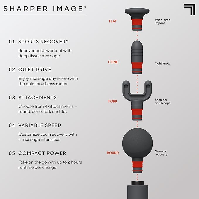 Sharper Image Powerboost Move - Mini Percussion Massage Gun| 4 Attachments, 4 Speeds, FSA Eligible| Full Body Back & Shoulder Massager| Deep Tissue Muscle Recovery| Portable Pain Relief Massage Tool - Bloomnest