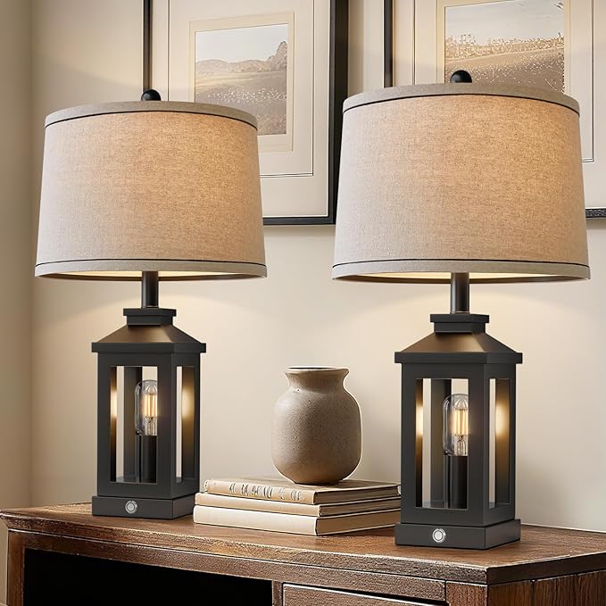 BOBOMOMO 23.75" Farmhouse Black Table Lamps Set of 2– Rustic Bedside Lamps with 3 Way Dimmable Touch Control Night Light & USB A+C Ports, Modern Lamp for Bedroom, Living Room, Entryway