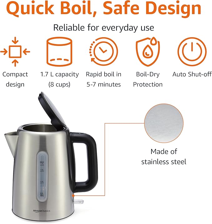 Amazon Basics Electric Stainless Steel Kettle for Tea and Coffee, BPA-Free, Fast Boiling, Auto Shut-Off, 1.8 Quarts, 1500W, Black and Silver - Bloomnest