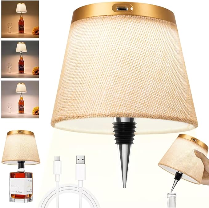 2025 New Bottle Lamp - LED Bottle Lights for Liquor & Wine Bottles, Cordless Lampshade, Whiskey Bottle Top Light, Bottle Stopper Night Light Kit, Rechargeable 3-Tone Touch-Dimmable - Bloomnest