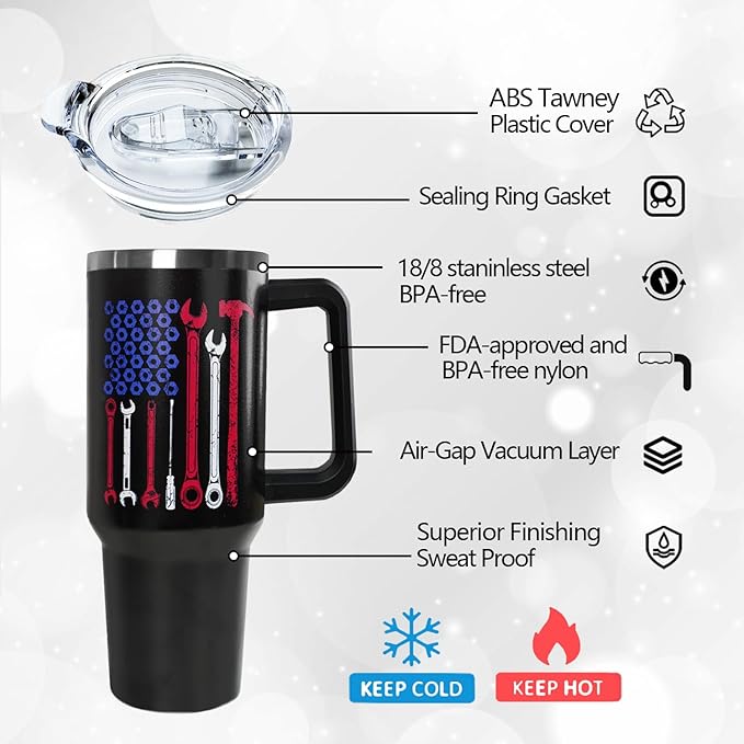 Ceovfoi Mechanic Gifts for Men, 40 oz Mechanic American Flag Stainless Steel Tumbler with Handle Lid and Straw, Mechanic Stuff Supplies Accessories - Bloomnest