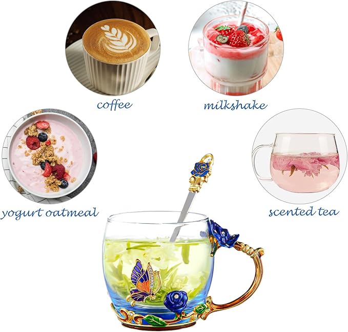 Flower Tea Cup,Butterfly Rose Clear Glass Fancy Coffee Mug with Spoon,Gift Box for Her Mom Wife Grandma Girls Women Christmas Birthday Present Idea for Juice,Hot And Cold Drinks Use - Bloomnest