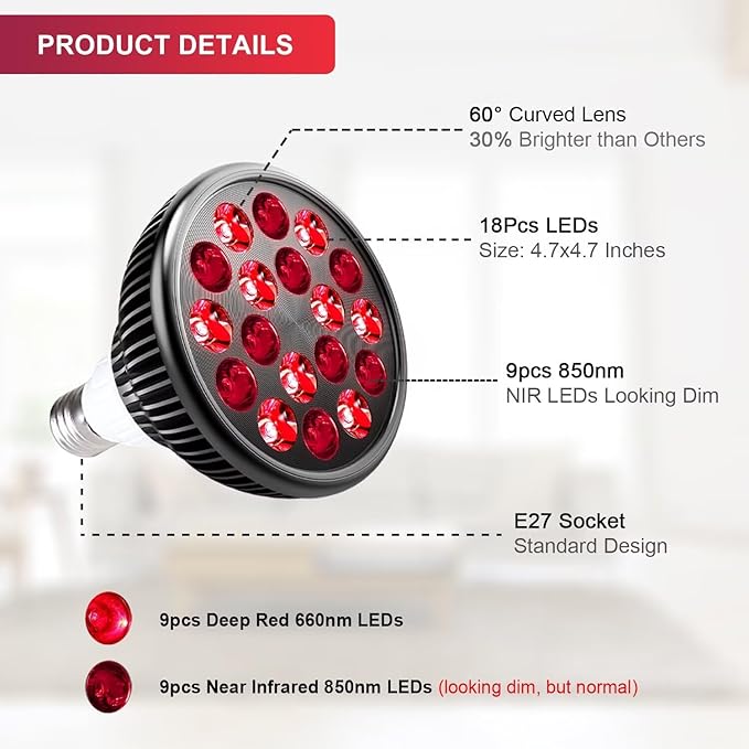 Wolezek LED Red Light Lamp with Stand, Adjustable Tripod 15"-61", 18 LEDs 660nm & 850nm Combo, E26 Standard Socket, Aluminium Shell, Black WOLEZEKLED