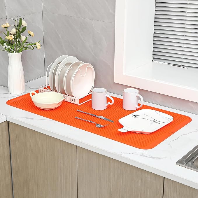 Silicone Dish Drying Mat for Multiple Usage,Easy clean,Eco-friendly,Heat-resistant Silicone Mat for Kitchen Counter or Sink,Refrigerator or Drawer Liner Orange 5XL 36inches x 18inches - Bloomnest
