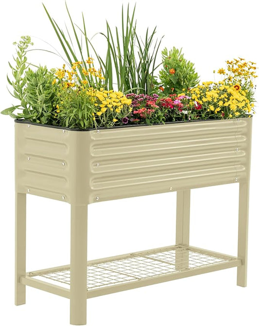 Elevated Raised Garden Bed- Slim Series, 1.5' x 3.5' Outdoor Planters Boxes with Legs & Storage Rack for Patio, 500 Lbs Weight Capacity, Raised Beds for Gardening Herbs Vegetables Flowers, Pearl White - Bloomnest