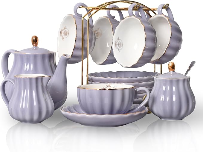 Porcelain Tea Sets British Royal Series, 8 OZ Cups& Saucer Service for 6, with Teapot Sugar Bowl Cream Pitcher Teaspoons and tea strainer for Tea/Coffee, Pukka Home(purple) - Bloomnest