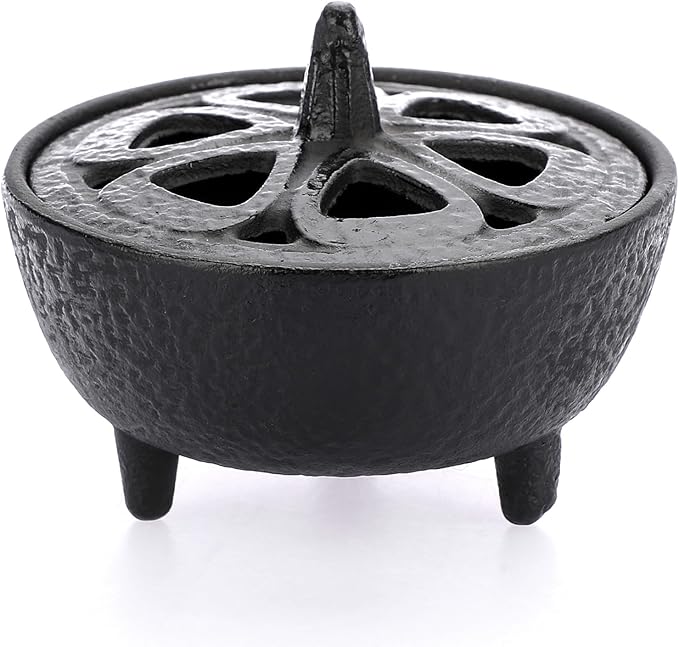 JUXYES Vintage Tripod Incense Burner Holder with Lid, Cast Iron Incense Holder Metal Cauldron Censer Antique Cone Coil Incense Burner Holder for Incense Resins, Charcoal, Cones or Wax Melts - Bloomnest