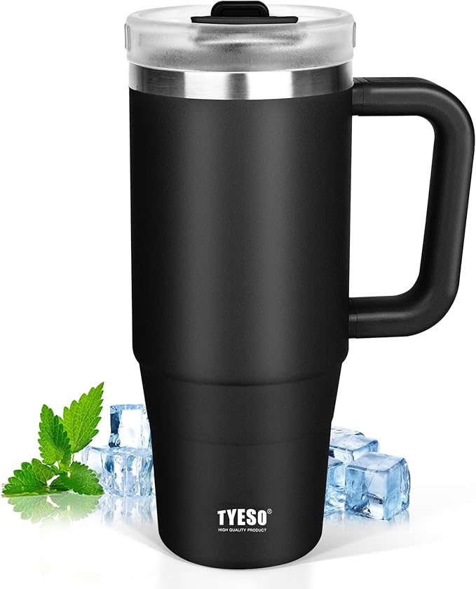 Tyeso 40 oz Tumbler with Handle, Straw and Lid - Leak Resistant Insulated Stainless Steel Water Bottle, Car Cup Holder Friendly Travel Coffee Mug Black - Gifts for Men & Women - Bloomnest