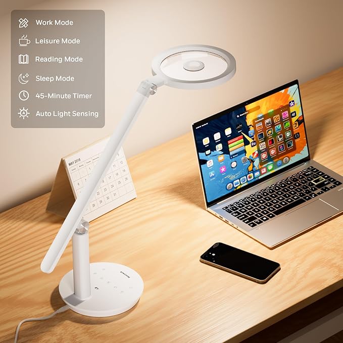 Honeywell Desk Lamp for Home Office, H6 Sunturalux™ Eye-Caring Led Desk Light, 800LM Dimmable Desk Lamp with Timer, Touch Control Tall Desk Reading Light, Table Lamp for Circle Webcam, Study, Bedroom - Bloomnest