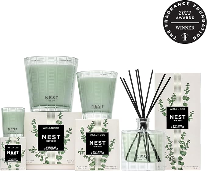 NEST New York Reed Diffuser, Wild Mint & Eucalyptus - 5.9 fl oz - Fragrance for Up to 90 Days - Reusable, Refillable Glass Holder - Includes 8 All-Natural Reed Sticks - Flame Free - Bloomnest