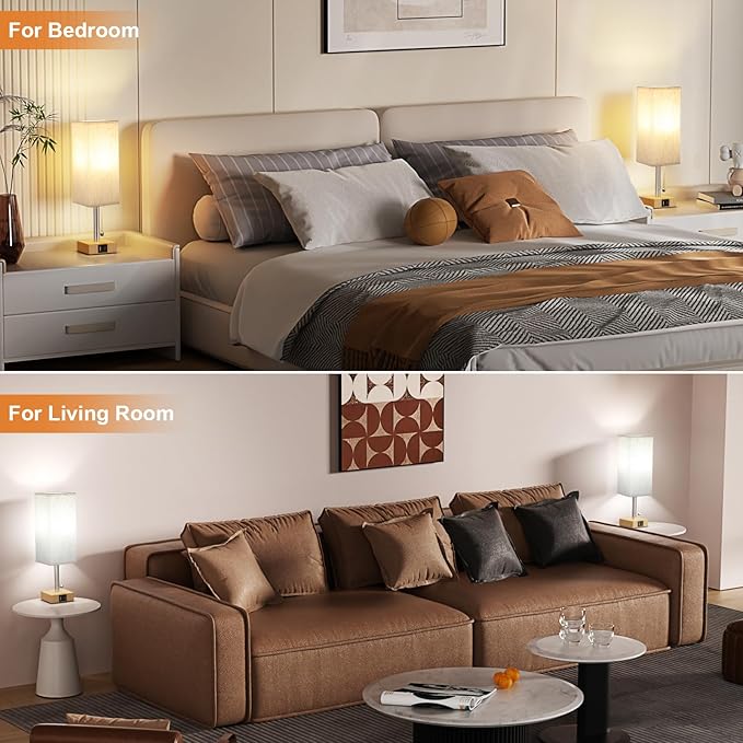 Wood Grain Bedside Table Lamps Set of 2 - Bedroom Lamps with 3 Color Temperatures (3000K/5000K/4000K), Square Nightstand Lamp with USB C + A Charging Ports - Bloomnest
