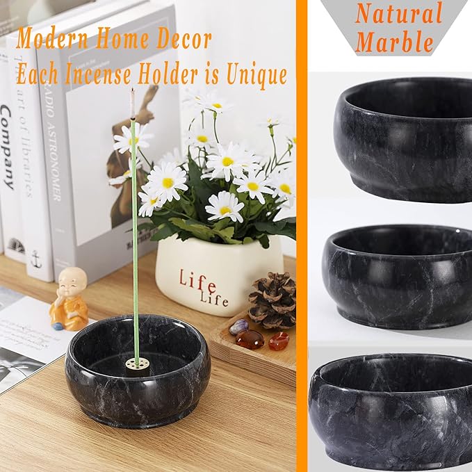 Incense Holder, Incense Burner ash Catcher with Brass 9 Holes Incense Stick Holder for Home Decor Yoga Spa Madiation (Natural Black Marble) Birthday Gifts for Women - Bloomnest