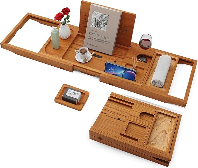 Yirilan Teak Bathtub Tray for Tub, Bath Table Tray for Tub Wood, Bathtub Caddy, Luxury Gift for House Warming, Wedding, Bridal Shower, Anniversary - Bloomnest