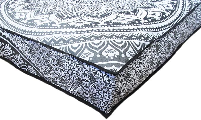 INDIAN CRAFT CASTLE ICC 24" Grey Ombre Mandala Barmeri Large Floor Pillow Cover Cushion Meditation Seating Ottoman Throw Cover Hippie Decorative Zipped Bohemian Pouf Ottoman Pom Pom Cases 24" Square - Bloomnest