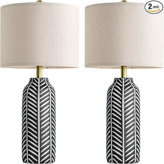 BOBOMOMO 26" Farmhouse Black Table Lamps Set of 2 – Rustic Resin Lamps with Vintage Leaf Pattern and Linen Shades, Black Bedside Lamps for Bedroom, Living Room, Office, Entryway, Console Table - Bloomnest