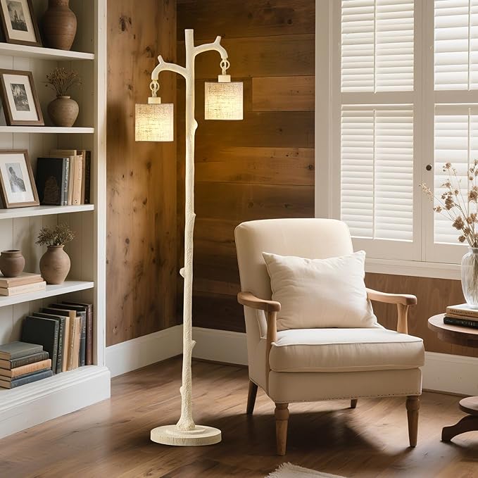 Rustic Floor Lamp for Living Room - Newly Upgraded Heavy-Duty Resin Base Farmhouse Floor Lamp with 2 Country Vintage Reading Light - Standing Tall Lamps for Bedroom Office Home Decor (Almond White) - Bloomnest