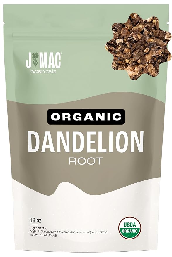 J Mac Botanicals Organic Dandelion Root (16 oz) unroasted, herb for tea and other infusions, Packaged in the USA, Certified USDA Organic - Bloomnest