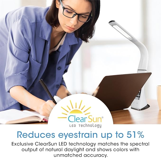OttLite Thrive LED Sanitizing Desk Lamp with Clock and USB Charging - Eliminates up to 99.9% of Bacteria, Touch Activated, Flexible Neck, Modern Light for Reading, Crafting & Office Desktop - Bloomnest