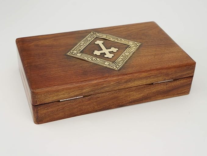 BlessedMart Keepsake Incense Storage Box with Hinged Lid and Metal Cross