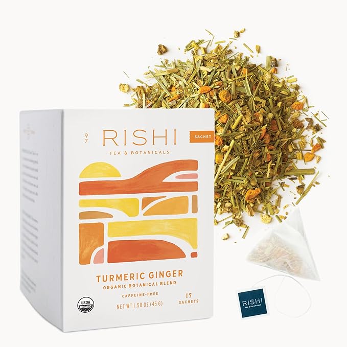 Rishi Tea Turmeric Ginger Herbal Tea - Organic Sachet Bags, Caffeine Free Ayurvedic Digestive Blend with Spicy Ginger & Citrus - 15 Count (Pack of 1) - Bloomnest