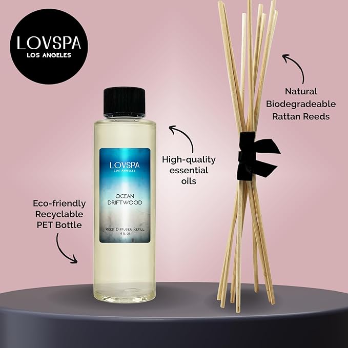 LOVSPA Ocean Driftwood Diffuser Oil - Luxury Essential Oils for Diffuser Refill & Air Freshener Room Spray - Long-Lasting & Natural Home Fragrance, Scented Oil for Diffusers, USA Made, 4oz - Bloomnest