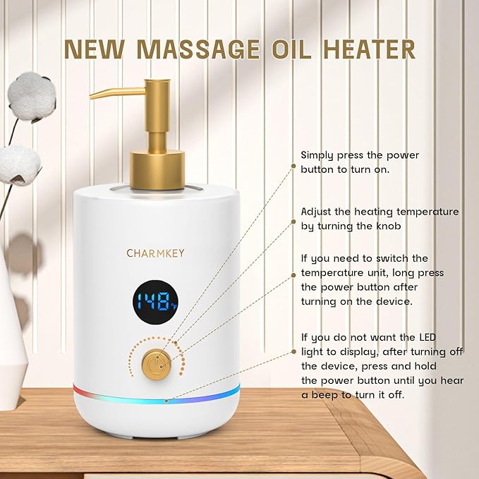 CHARMKEY Massage Oil Warmer White, 2 Oil Bottle Dispensers & 2 Silicone Funnels, Digital Heater for SPA, Oil Lotion Cream for Salon, Barber Shops, Home - Bloomnest