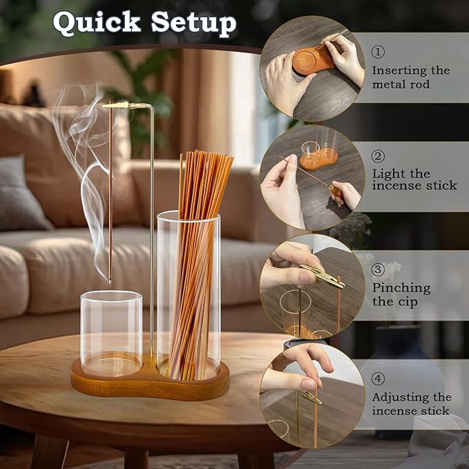 Incense Holder for Sticks, 2 in 1 Incense Burner Holder with Glass Ash Storage and Incense Sticks Organizer, Incense Holder for Meditation Yoga Spa Indoor Outdoor Decor