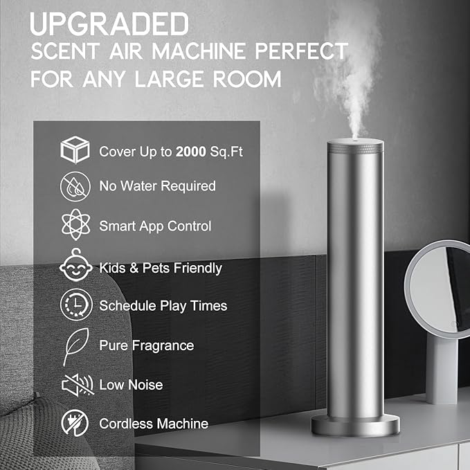 Hotel Scent Diffuser Machine -Cordless Rechargeable Diffuser for Whole House- Scent Air Machine for Home -App Bluetooth Control - Waterless Essential Oil Diffuser for Large Room, Studio Office -Silver - Bloomnest