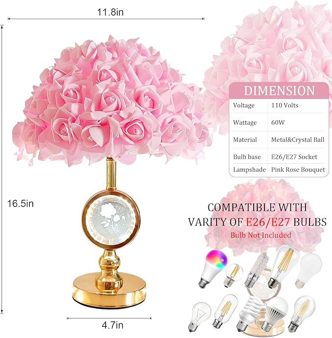 Pink Rose Flower Lamp Princess Bedside Lamp Modern Gold Table Lamp Nightstand Flower Light Cute Desk Lamp for Teen Girl Romantic Bedroom Wedding Deco Valentines Mother's Day Living Room - Bloomnest