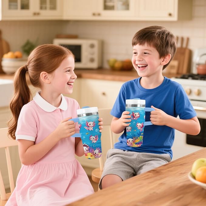 Axolotl Gifts for Girls - 14oz Blue Kids Axolotl Tumbler with Handle and Straw, Stainless Steel Insulated Water Cup, for Sport, School, Travel - Axolotl Lovers Gift for Children Birthday Gift Cup(1pc) - Bloomnest