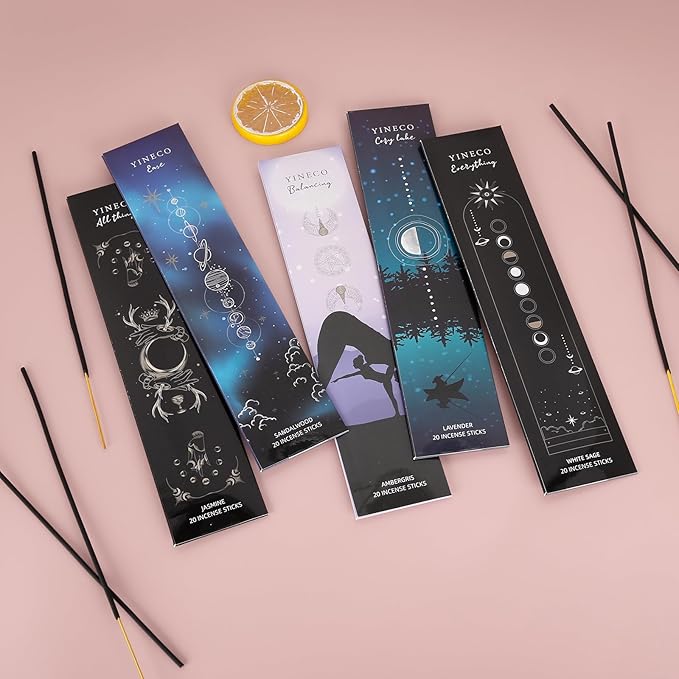 Incense Sticks Set of 100-6 Scents (Dragon's Blood, Lavender, Jasmine, Palo Santo & More) for Relaxation, Sleep & Positive Energy, Long-Lasting Aromatic Sticks (Black) YINECO