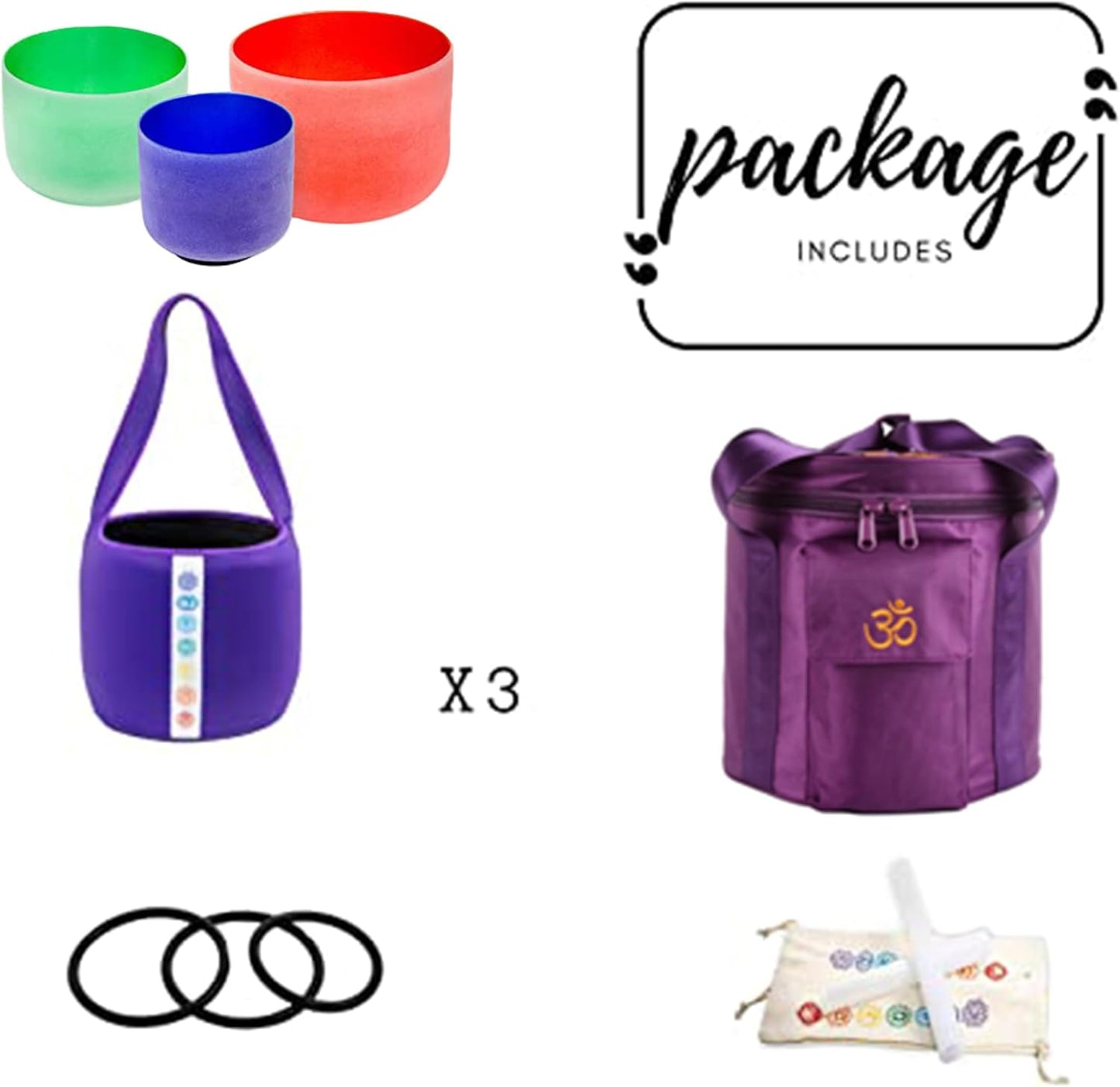 FMTY Singing Bowl Perfect Pitch 7A+9F+11D Crystal Singing Bowl with Carrying Bag, Crystal Mallet, O-Ring Pure Quartz Crystal Sound Bowl for Meditation, Yoga, Spiritual Healing (Set of 3, Colored)