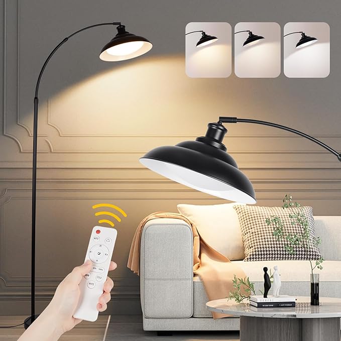 Arc Floor Lamp, Dimmable Dome Floor Lamp with Remote & Foot Switch, Modern Standing Lamp 3000-6500K 25W Integrated LED Bulb, Black Tall Lamp Over Couch Lamps for Living Room Bedroom Offices(Black) - Bloomnest
