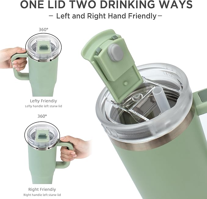Tyeso 30 oz Tumbler with Handle, Straw and Lid - Leak Resistant Insulated Stainless Steel Water Bottle, Car Cup Holder Friendly Travel Coffee Mug Green - Gifts for Men & Women - Bloomnest