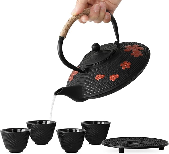 Japanese Style Cast Iron Teapot with 4 Tea Cups Trivet Tetsubin StovetopTea Kettle with Infuser Chinese Iron Tea Pot Tea Set for Adults Black (Pear Flower Pattern)