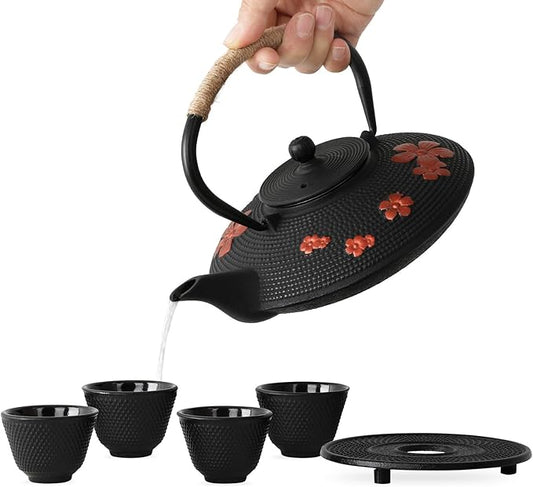 Japanese Style Cast Iron Teapot with 4 Tea Cups Trivet Tetsubin StovetopTea Kettle with Infuser Chinese Iron Tea Pot Tea Set for Adults Black (Pear Flower Pattern)