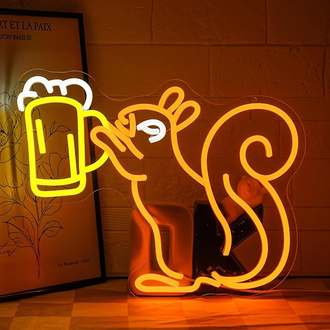 Squirrel Beer Neon Sign for Wall Decor Bar Light Beer Squirrel Neon Light Beer Glass LED Neon Light Squirrel Wall Decor Dimmable Neon Light Sign for Bar Man Cave Bedroom Shop Business - Bloomnest