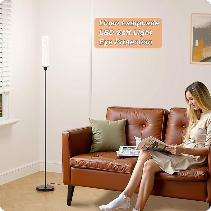 Floor Lamp with Remote Control, Floor Lamps for Living Room/Bedroom/Office, Stepless Adjustable 3000K-6000K Colors and 10-100% Brightness,Standing Light with Foot Switch (Black+Beige Linen) - Bloomnest