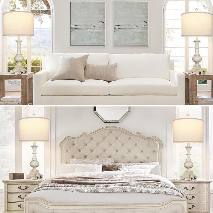 26" Farmhouse Table Lamps, Table Lamps For Living Room Set of 2 with USB A+C Ports & AC Outlet, Vintage Rustic Touch Control 3-Way Dimmable Boho Nightstand Lamp White Washed Resin for Bedroom Deocr - Bloomnest