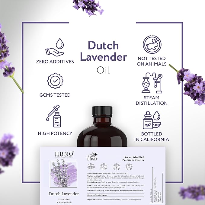 HBNO Lavender Dutch Oil - 16 oz (475ml) Large Size - Ideal for Shampoos, Conditioners, Mouth Washes, Face wash, Lotions, and Skin Care Products (Glass Bottle). - Bloomnest
