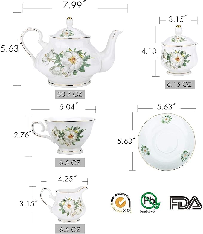CHENP.HMC Porcelain Tea Set Tea Cup Set 22-Piece Porcelain Ceramic Coffee Tea Gift Sets Cups Saucer Service for 6 Teapot Sugar Bowl Creamer Pitcher and Teaspoons tea pot sets(Camellia) - Bloomnest