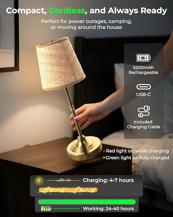 Gold Cordless Rechargeable Table Lamp, Touch LED Bedside Lamp, 5200mAh Battery Operated Lamp, 3 Shades + 3 Color Stepless Dimming, Portable Wireless Small Table Lamp for Bedroom,Kitchen - Bloomnest