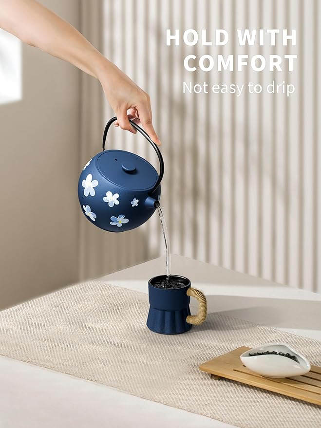 Toptier Teapot with Removable Infuser, Cast Iron Tea Kettle Stovetop Safe, Solid Geometry Ball Design Tea Pot Coated with Enameled Interior for 32 Ounce (950 ml), Navy Flower - Bloomnest