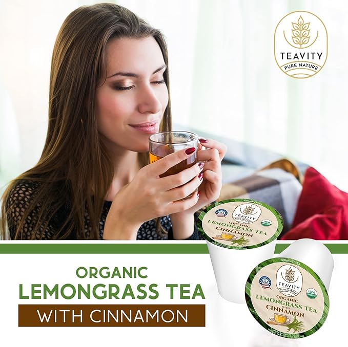 Teavity Organic Lemongrass and Cinnamon Tea Pods for Keurig - Naturally Decaffeinated Herbal Tea Blend (36 Pods) - Bloomnest