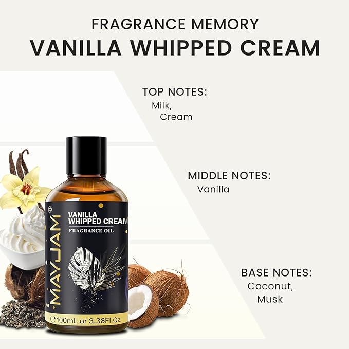 Vanilla Whipped Cream Fragrance Oil Essential Oil, MAYJAM 3.38FL.OZ Vanilla Whipped Cream Oil for Diffusers for Home, Long Lasting Scented Oils for Soap Candle Making - 100ML MAYJAM