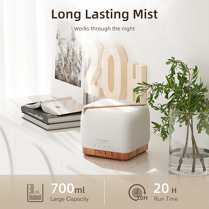 ASAKUKI 700 ml Premium Essential Oil Diffuser, 5 in 1 Ultrasonic Aromatherapy Fragrant Oil Vaporizer Humidifier, Timer and Auto-Off Safety Switch, 7 LED Light Colors - Bloomnest