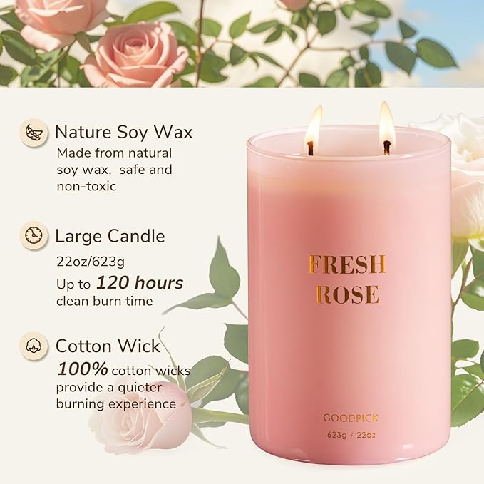 Goodpick Fresh Rose Candles for Women, Pink Candle, Soy Wax 22oz Large 120 Hours Burning, Aromatherapy Candles - Bloomnest